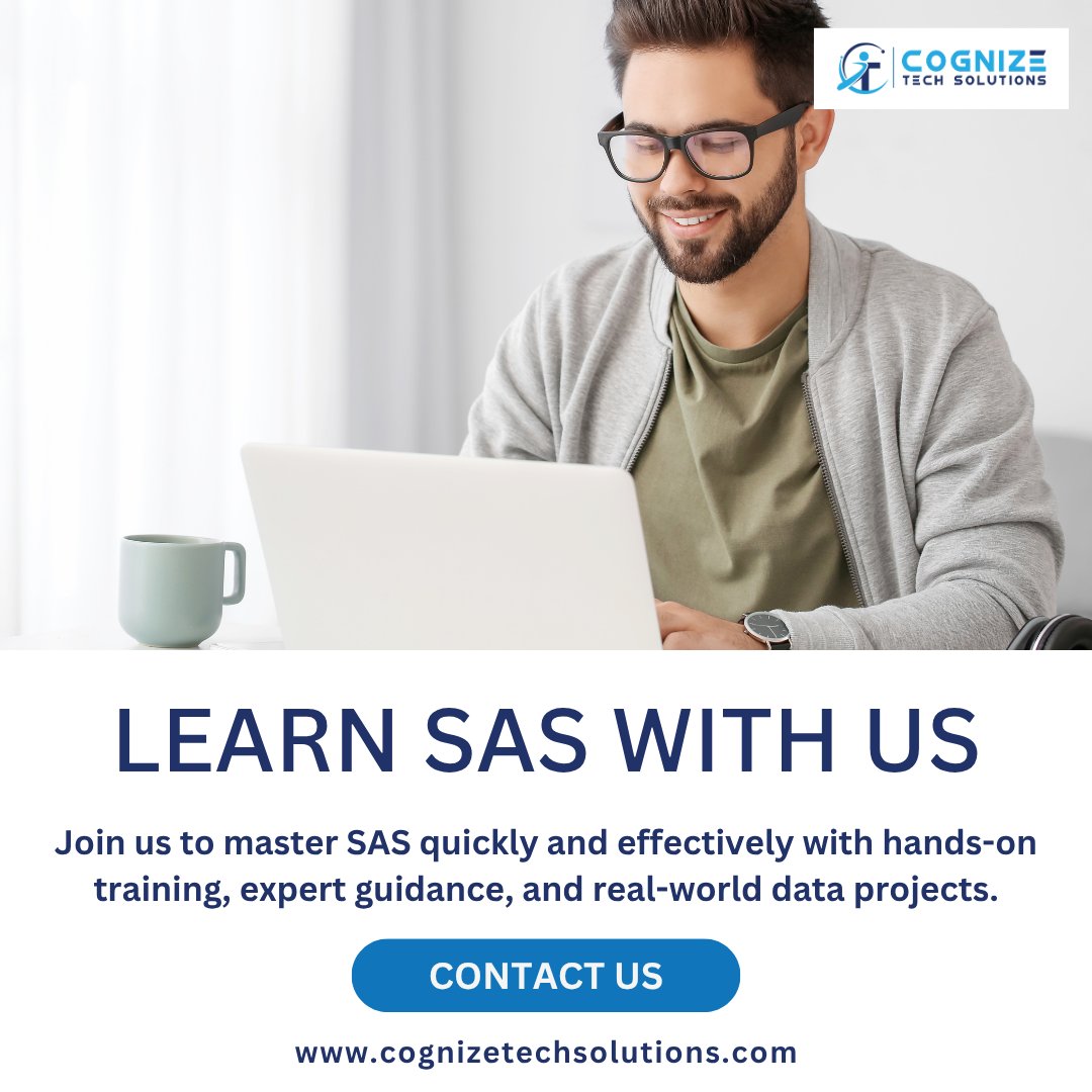 CognizeLLC's tweet image. 📊 Master SAS with Us! 🚀
Unlock the power of data with SAS! Join us to learn essential skills, boost your analytics game, and take your career to the next level. 💡📈
Learn more: cognizetechsolutions.com/sas-analysis-t…
#learnSAS #dataanalytics #SASProgramming #cognizetechsolutions