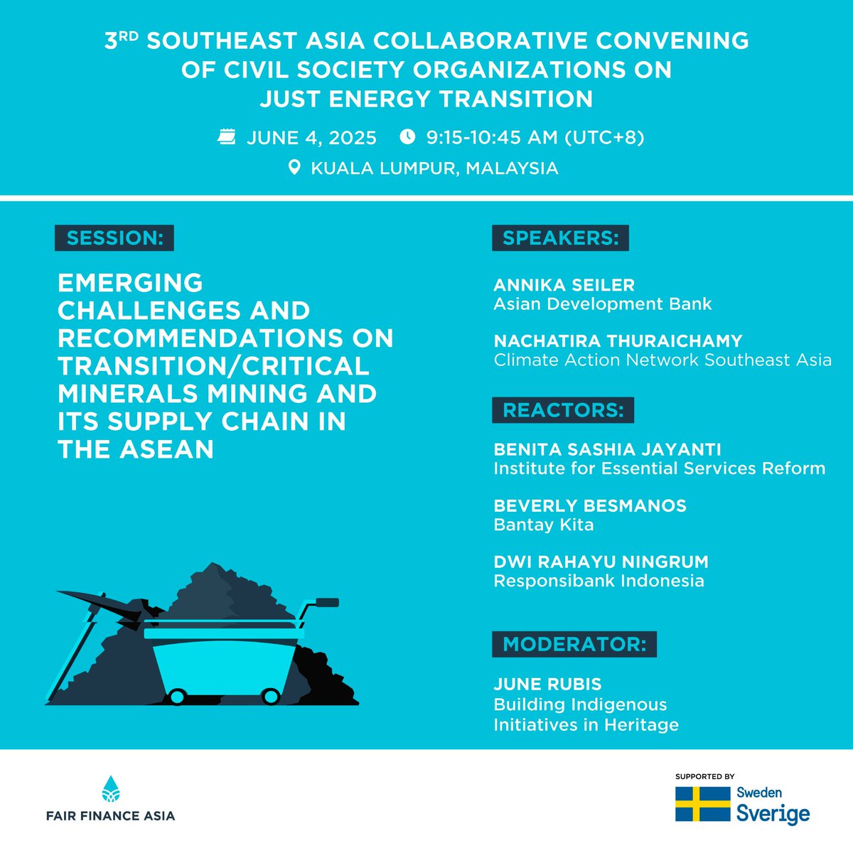 Fair Finance Asia (@fairfinanceasia) on Twitter photo On June 4, join us for a fireside chat w/reps from
<a href="/ADB_HQ/">Asian Development Bank</a> <a href="/CANSEAClimate/">CAN Southeast Asia</a> <a href="/IESR/">Institute for Essential Services Reform</a> <a href="/BantayKita/">Bantay Kita</a> &
<a href="/Responsibank_ID/">Responsibank_Indo</a> as they discuss emerging risks in
<a href="/ASEAN/">ASEAN</a>’s #criticalmineralsvalue chain risks & how to embed sustainability in frameworks.
Learn more: bit.ly/4jQ0tkt On June 4, join us for a fireside chat w/reps from
<a href="/ADB_HQ/">Asian Development Bank</a> <a href="/CANSEAClimate/">CAN Southeast Asia</a> <a href="/IESR/">Institute for Essential Services Reform</a> <a href="/BantayKita/">Bantay Kita</a> &
<a href="/Responsibank_ID/">Responsibank_Indo</a> as they discuss emerging risks in
<a href="/ASEAN/">ASEAN</a>’s #criticalmineralsvalue chain risks & how to embed sustainability in frameworks.
Learn more: bit.ly/4jQ0tkt