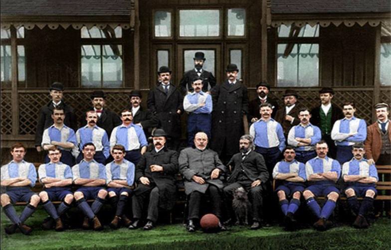 133 years today (3rd June 1892) since the birth of #LFC  This is the first official photo, taken at the rear of the Sandon Pub. The blue &amp; white shirts are the same ones Everton wore the previous season. Our founder, John Houlding wouldn’t let #EFC them take them to Goodison!