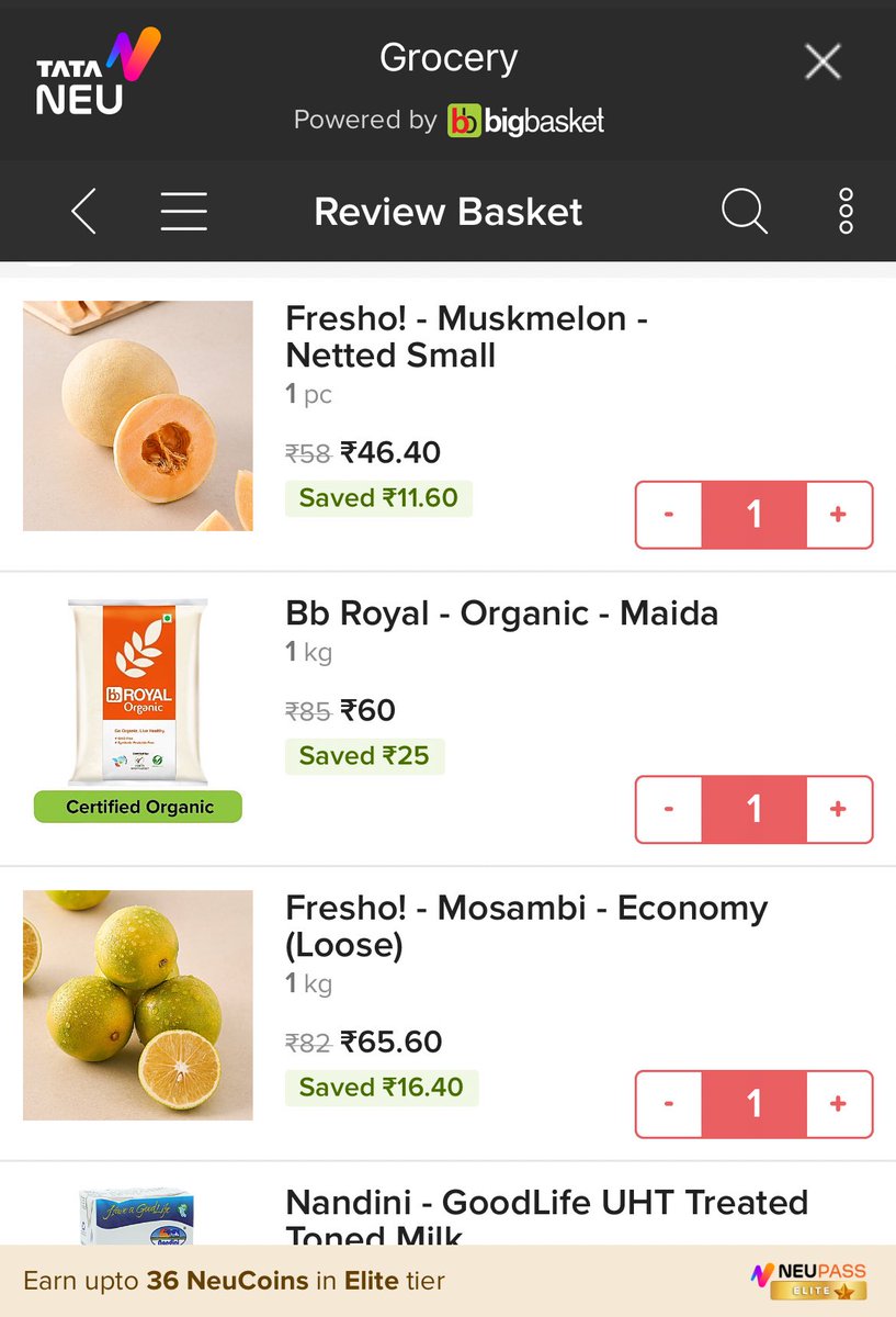 saubarno's tweet photo. @bigbasket_com @tata_neu why are items listed at a certain price and being checked out at a higher price? Why is there a hidden fee? Expect better from a Tata brand. https://t.co/xdVBvGyqhm