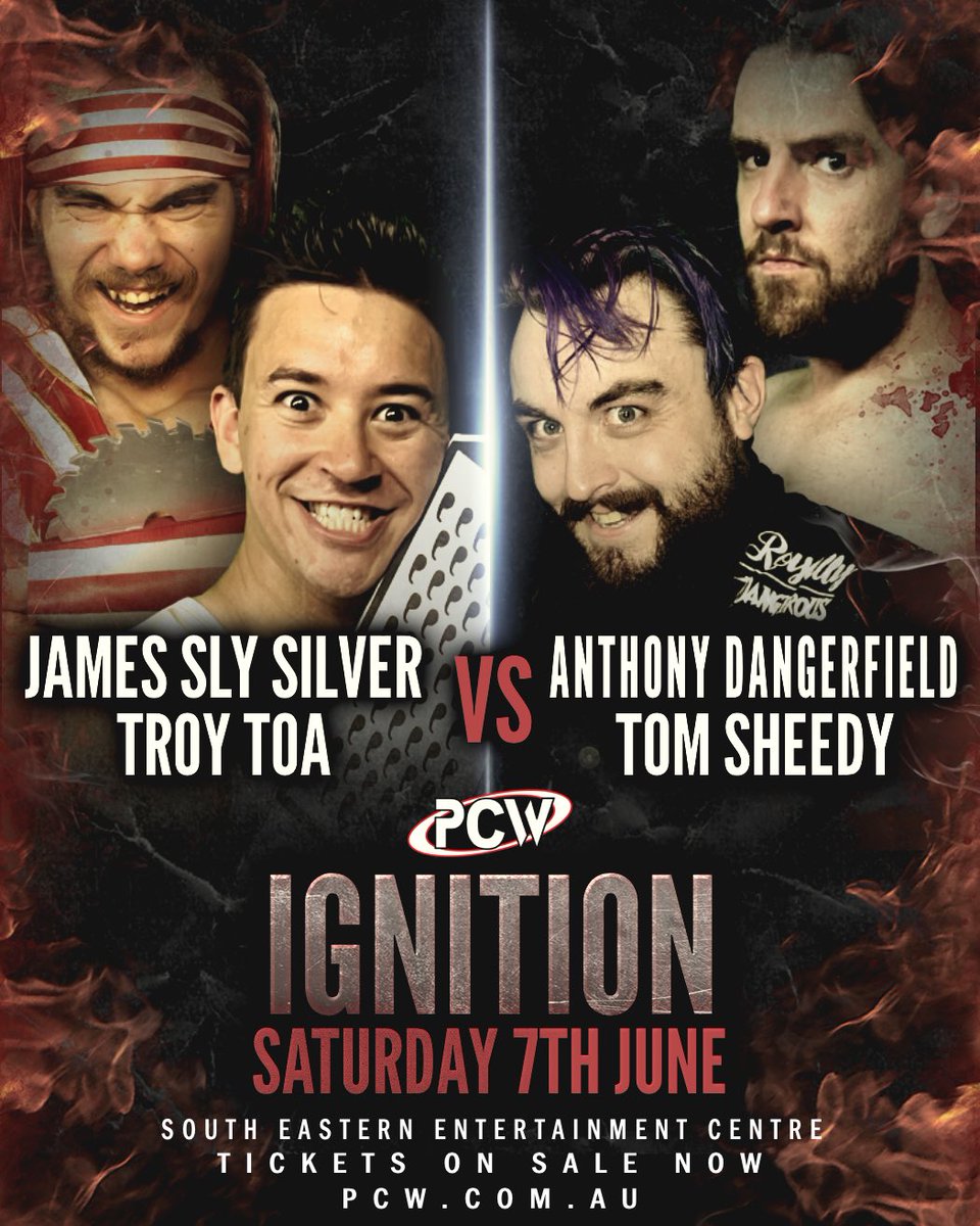 PCW Australia (@pcwaustralia) on Twitter photo Our final match for this Saturdays Ignition is a HUGE tag team match where <a href="/JamesSlySilver/">James Sly Silver</a> will team with Troy Toa, to take on his bitter rival Anthony Dangerfield and Tom Sheedy!
Tickets available at PCW.com.au Our final match for this Saturdays Ignition is a HUGE tag team match where <a href="/JamesSlySilver/">James Sly Silver</a> will team with Troy Toa, to take on his bitter rival Anthony Dangerfield and Tom Sheedy!
Tickets available at PCW.com.au