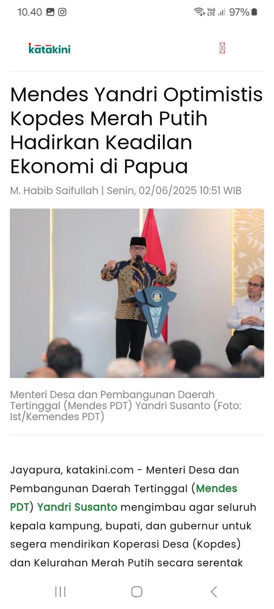 Handoko Yudi Kusumo (@kusumoyudi) on Twitter photo Menteri Desa meyakini pendirian Koperasi Desa Merah Putih di Tanah Papua hadirkan keadilan.
#KopdesHadirdiPapua
<a href="/prabowo/">Prabowo Subianto</a>
<a href="/YandriSusanto27/">Yandri Susanto</a>
<a href="/ArizaPatria/">Ariza Patria</a>
<a href="/taufikmadjid71/">IG : taufik.madjid</a>
<a href="/kemendespdt/">#BangunDesaBangunIndonesia</a>
<a href="/bpsdmkemendesa/">Bpsdm Kemendesa</a>
<a href="/desapenusantara/">desapesonanusantara</a> Menteri Desa meyakini pendirian Koperasi Desa Merah Putih di Tanah Papua hadirkan keadilan.
#KopdesHadirdiPapua
<a href="/prabowo/">Prabowo Subianto</a>
<a href="/YandriSusanto27/">Yandri Susanto</a>
<a href="/ArizaPatria/">Ariza Patria</a>
<a href="/taufikmadjid71/">IG : taufik.madjid</a>
<a href="/kemendespdt/">#BangunDesaBangunIndonesia</a>
<a href="/bpsdmkemendesa/">Bpsdm Kemendesa</a>
<a href="/desapenusantara/">desapesonanusantara</a>