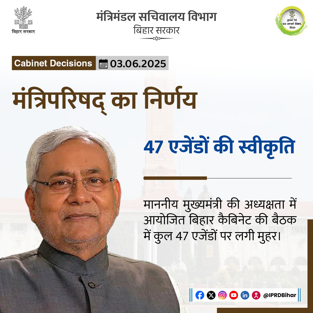 IPRD Bihar (@iprdbihar) on Twitter photo माननीय मुख्यमंत्री श्री <a href="/NitishKumar/">Nitish Kumar</a> जी की अध्यक्षता में बिहार कैबिनेट की बैठक में कुल 47 एजेंडों पर लगी मुहर।
<a href="/BiharCabinet/">Cabinet Secretariat Department, Govt. of Bihar</a>
#BiharCabinetDecisions
#BiharCabinetSecretariatDept
#BiharCabinetDecisions2025 माननीय मुख्यमंत्री श्री <a href="/NitishKumar/">Nitish Kumar</a> जी की अध्यक्षता में बिहार कैबिनेट की बैठक में कुल 47 एजेंडों पर लगी मुहर।
<a href="/BiharCabinet/">Cabinet Secretariat Department, Govt. of Bihar</a>
#BiharCabinetDecisions
#BiharCabinetSecretariatDept
#BiharCabinetDecisions2025