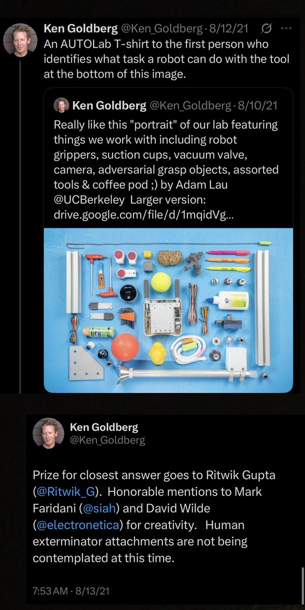 Ritwik_G's tweet image. Four years ago, before I was at Berkeley, @Ken_Goldberg gave away an AUTOLab t-shirt to the person who could best identify the tool in an image he tweeted. I won but didn't claim the prize despite sitting 5 ft away from AUTOLab. Now finally, one Ph.D. later, thanks Ken!!