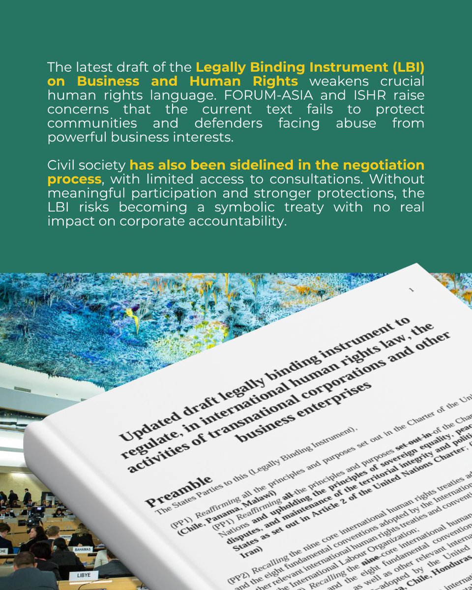 🌏<a href="/forum_asia/">FORUM-ASIA</a> and <a href="/ISHRglobal/">ISHR</a>  raise concern over the weakening of human rights protections in the latest draft of the Legally Binding Instrument (LBI) on Business and #HumanRights. The text dilutes state &amp; corporate obligations, excluding civil society from participation.