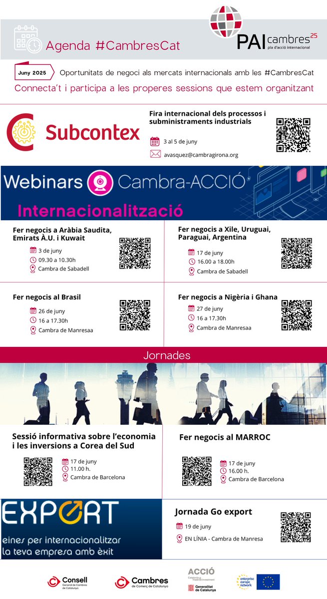 Consell de Cambres de Catalunya Internacional (@cambres_go) on Twitter photo 📢 Nova agenda #CambresCat – Juny 2025
🌍 Vols fer créixer el teu negoci a l’exterior?
Consulta les pròximes fires, webinars i jornades sobre:
🇸🇦 Aràbia Saudita
🇧🇷 Brasil
🇰🇷 Corea del Sud
🇲🇦 Marroc i més!
🔗 paicambres.org
#PAICambres25 #Internacionalització 📢 Nova agenda #CambresCat – Juny 2025
🌍 Vols fer créixer el teu negoci a l’exterior?
Consulta les pròximes fires, webinars i jornades sobre:
🇸🇦 Aràbia Saudita
🇧🇷 Brasil
🇰🇷 Corea del Sud
🇲🇦 Marroc i més!
🔗 paicambres.org
#PAICambres25 #Internacionalització