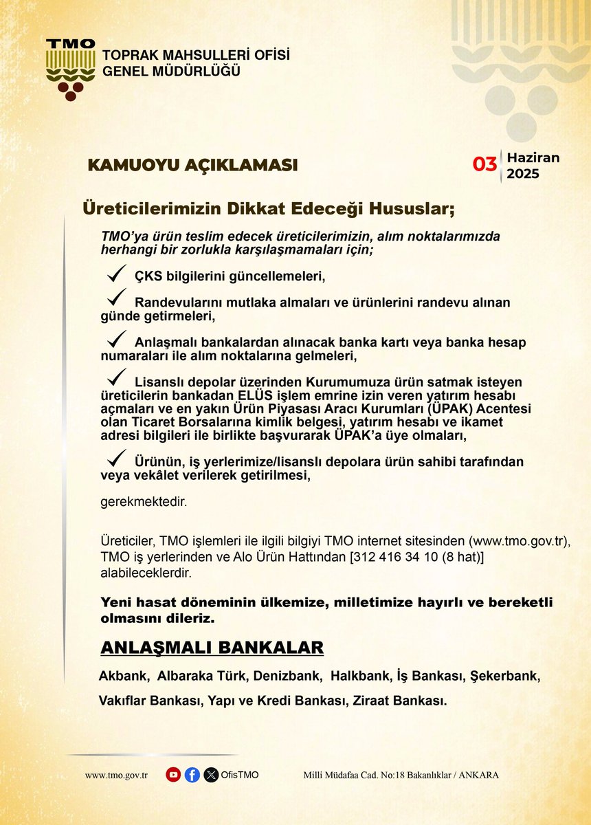 🌾 2025 DÖNEMİ HUBUBAT ALIM FİYAT VE POLİTİKALARIMIZ. 

🌾 ÜLKEMİZE, MİLLETİMİZE HAYIRLI VE BEREKETLİ OLMASINI DİLERİZ.