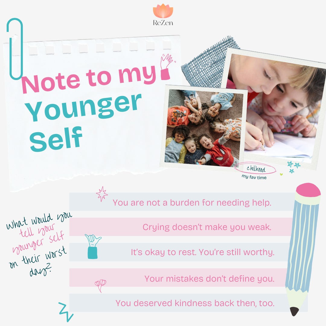 ReZen_in's tweet photo. To my younger self:
You are not a burden. 🧸9
Crying is brave. 💧

You deserve rest &amp; kindness. 🛌💖
Let’s break the cycle of self-blame.
What would you tell your younger self on their worst day?
#MentalHealth #SelfCompassion #ReZen ✨ https://t.co/YtrXPbyBBu