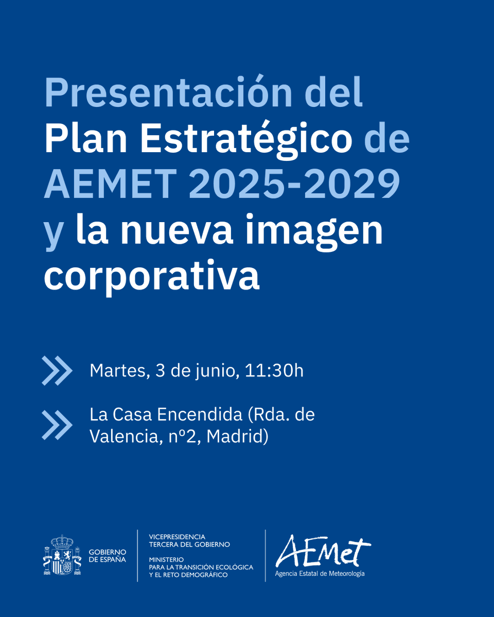 AEMET (@aemet_esp) on Twitter photo 🔵 Presentamos el Plan Estratégico 2025-2029 y la nueva imagen corporativa
A las 11:30h en <a href="/LaCasaEncendida/">La Casa Encendida</a>
Puedes seguirlo en directo aquí
» t.ly/HkAW8 🔵 Presentamos el Plan Estratégico 2025-2029 y la nueva imagen corporativa
A las 11:30h en <a href="/LaCasaEncendida/">La Casa Encendida</a>
Puedes seguirlo en directo aquí
» t.ly/HkAW8