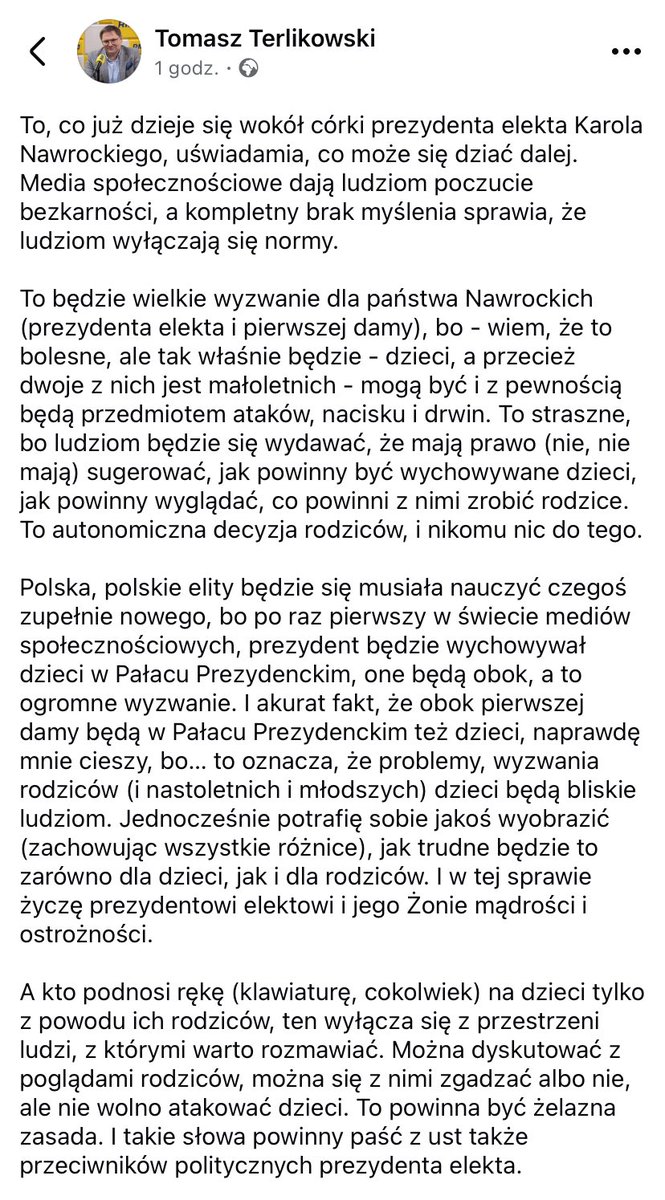 To, co dzieje się wokół córki prezydenta elekta Karola Nawrockiego, uświadamia, co może się dziać dalej. Media społecznościowe dają ludziom poczucie bezkarności, a kompletny brak myślenia sprawia, że ludziom wyłączają się normy. A dzieci trzeba chronić przed nienawiścią.