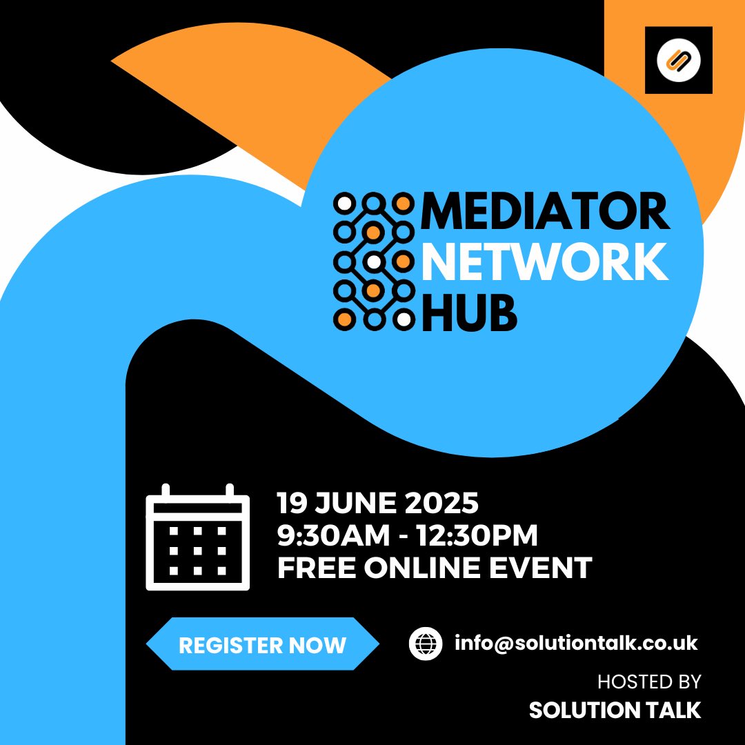 Bookings are now open for our Mediation Network Event on 19 June

This free, online event is designed for #mediators to connect, share insights &amp; strengthen their practice

To reserve your place, email: info@solutiontalk.co.uk

#SolutionTalk #MediatorNetworkHub #Mediation