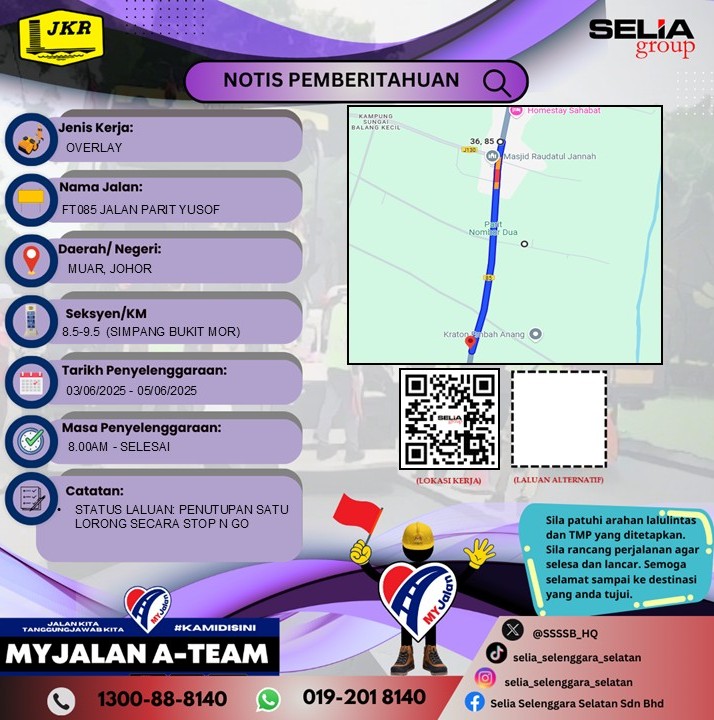 Notis Pemberitahuan

Jenis kerja : Overlay
Lokasi: FT085 Jalan Parit Yusof
Daerah/Negeri: Muar, Johor
Landmark: SimpangBukit Mor

#seliahebahan #seliaaduan