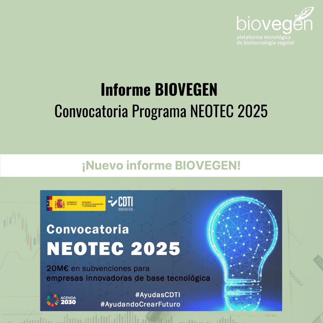 biovegen's tweet image. 📢 Nuevo informe BIOVEGEN sobre la Convocatoria #NEOTEC 2025
👉 El @CDTI_innovacion ha lanzado la Convocatoria NEOTEC 2025, con 20 millones de euros para apoyar a empresas tecnológicas innovadoras.
Más información sobre esta convocatoria 👉biovegen.org/publicaciones/…