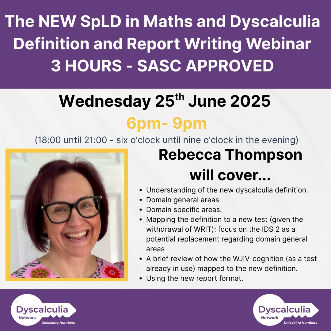 DyscalculiaNet1's tweet image. Now the SASC report guidance is out (sasc.org.uk/media/gnjlfbvh…)
We can confirm this wonderful 3 hour dyscalculia SASC approved Dyscalculia definition and report writing session for dyscalculia assessorwith the brilliant Rebecca Thompson!
eventbrite.com/e/new-dyscalcu…
#Dyscalculia