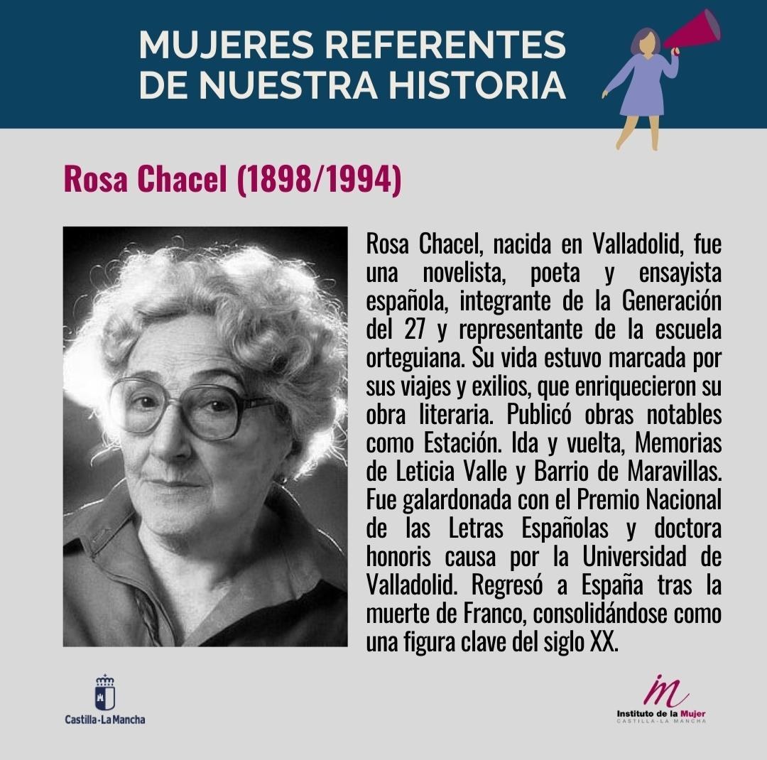 🟣#MujeresReferentes 📆 Tal día como hoy, en 1898, nace en Valladolid Rosa Chacel (1898-1994), escritora de la Generación del 27, primera mujer en obtener el Premio Nacional de las Letras Españolas en 1987.

#igualdadclm