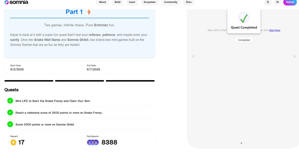 Guideline how to complete Somnia quest: Kazar Gaming Mayhem (combine some good tip)

1. Task 1: Mint Life
- Connect to the game by your wallet (metamask), click to "Heart" icon and Click "Purchase life"
- ⁠Comeback to quest page to verify -> done