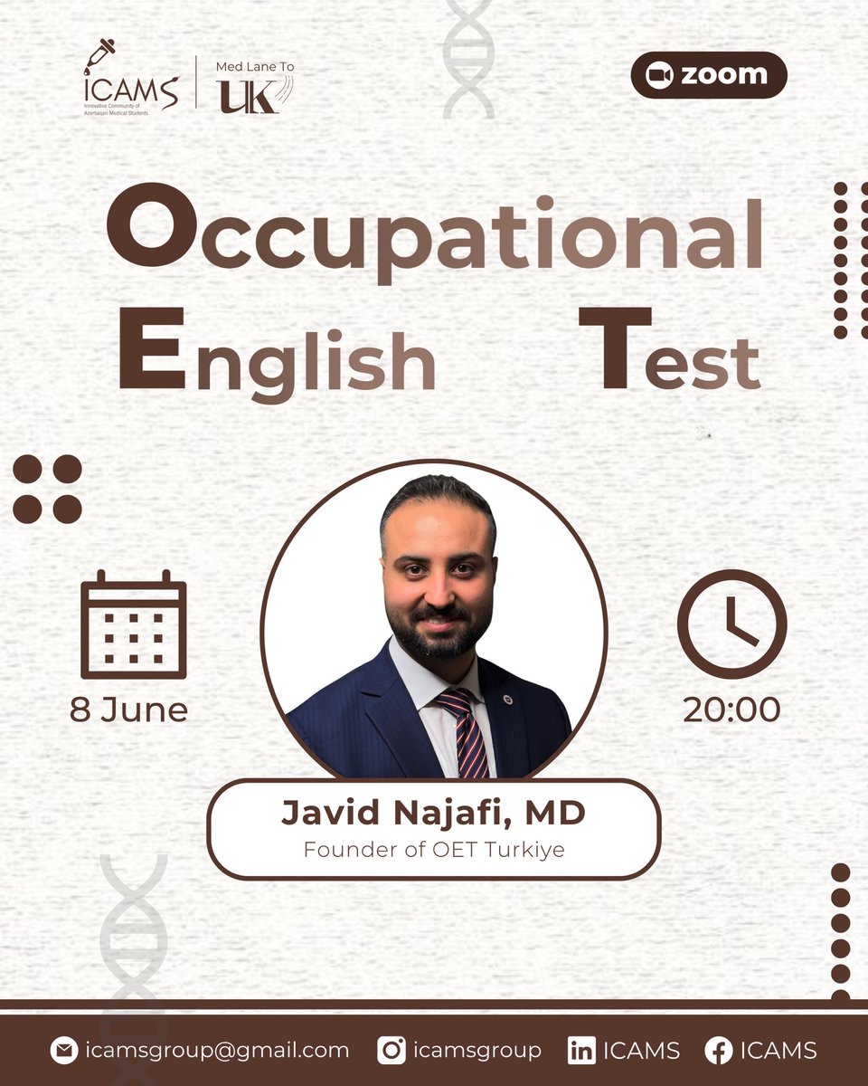 New Webinar!
Join us at ICAMS | Med Lane to UK for an exclusive session on the OET exam!

Speaker: Dr. Javid Najafi — GMC-registered, AMEE-certified, OET mentor &amp; medical educator.
📅 Date: June 8, 20:00 
📍 Zoom
🔗 Register now: forms.gle/bVvTFGvVpzVjcs…