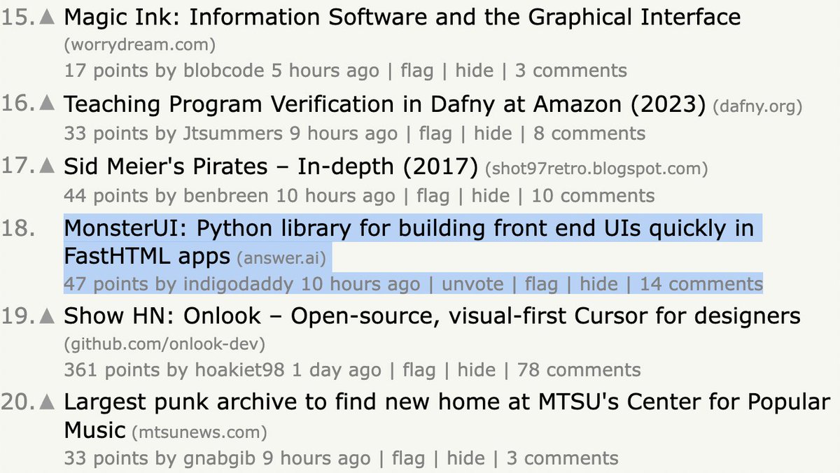 jeremyphoward's tweet image. What a nice surprise - the MonsterUI component library for FastHTML on the HN front page :)