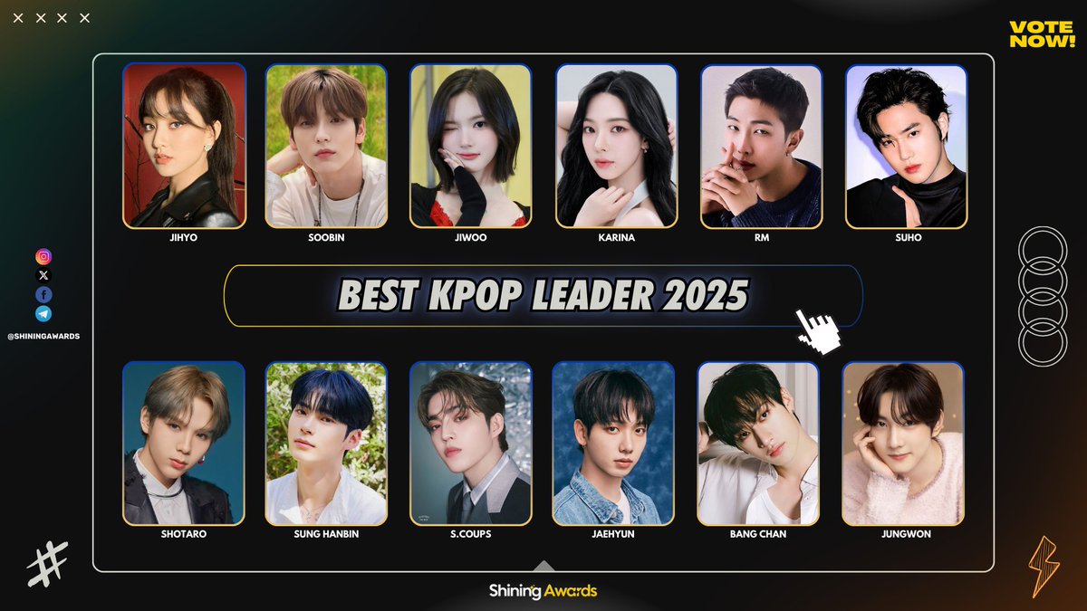 ⭐BEST KPOP LEADER 2025 [POLL]
12 Nominees

Link to vote 👇
shiningawards.com/best-kpop-lead…

⭐️Nominees :
Jihyo TWICE
Soobin TXT
Jiwoo Hearts2Hearts
Karina aespa
RM BTS
Suho EXO
Shotaro RIIZE
Sung Hanbin ZEROBASEONE
S.Coups SEVENTEEN
Jaehyun BOTNEXTDOOR
Bang Chan Stray Kids
Jungwon