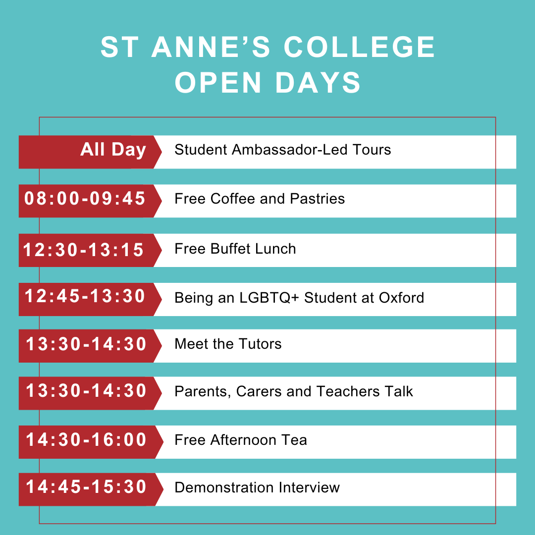 We've got our Open Days coming up in about a month (2nd and 3rd July!) Here's a look at what we're planning throughout the day at St Anne's. 

For more information, go: st-annes.ox.ac.uk/study-here/und…