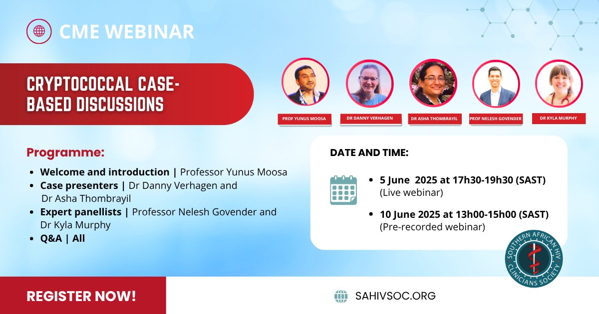 Southern African HIV Clinicians Society (SAHCS) (@sahivsoc) on Twitter photo Join us for our next CME webinar focusing on Cryptococcal Case-Based Discussions. Register here bit.ly/3FIJ5Ql for Thursday and here bit.ly/4569GRU for Tuesday <a href="/neleshg/">Nelesh Govender (also @neleshg.bsky.social)</a> <a href="/Nmphothulo/">Ndiviwe Mphothulo</a> Join us for our next CME webinar focusing on Cryptococcal Case-Based Discussions. Register here bit.ly/3FIJ5Ql for Thursday and here bit.ly/4569GRU for Tuesday <a href="/neleshg/">Nelesh Govender (also @neleshg.bsky.social)</a> <a href="/Nmphothulo/">Ndiviwe Mphothulo</a>