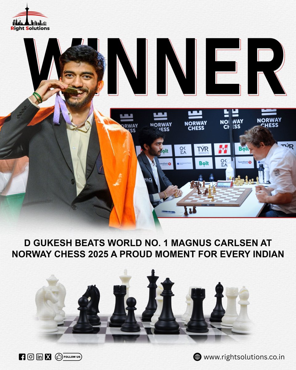 rightssolutions's tweet image. History Made! 🇮🇳✨ D Gukesh stuns the chess world by defeating World No. 1 Magnus Carlsen at Norway Chess 2025 — marking his first classical victory over the Norwegian legend 🏆♟️

#DGukesh #ChessChampion #IndianPride