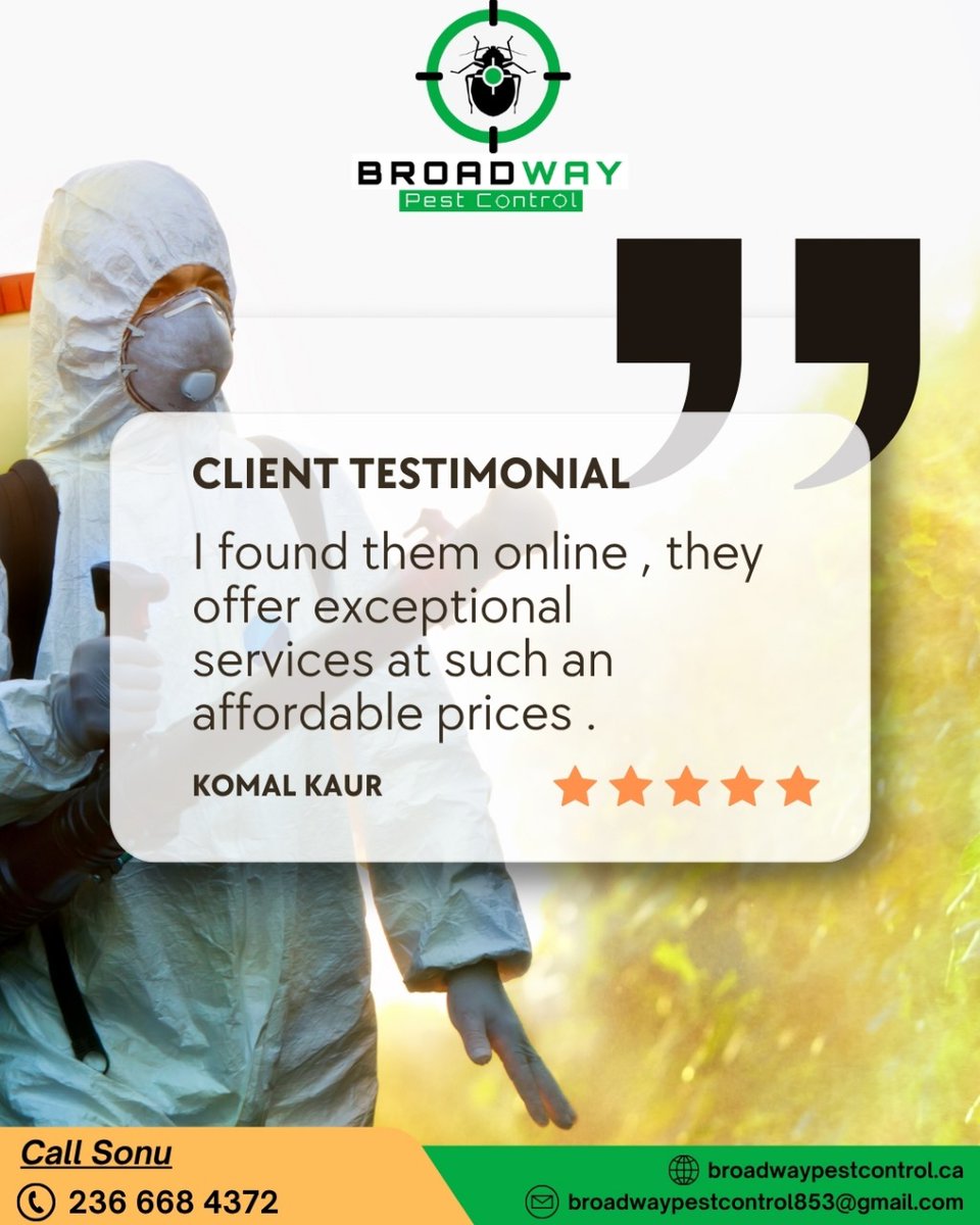 BroadPest93579's tweet image. 🛑 Pests? Handled. 🛑
“I found them online — they offer exceptional services at such affordable prices!” 💬

🌐broadwaypestcontrol.ca
☎+1 236-668-4372

#BroadwayPestControl #PestControlCanada #AffordablePestControl #TrustedPestExperts #PestFreeLiving #CustomerReview