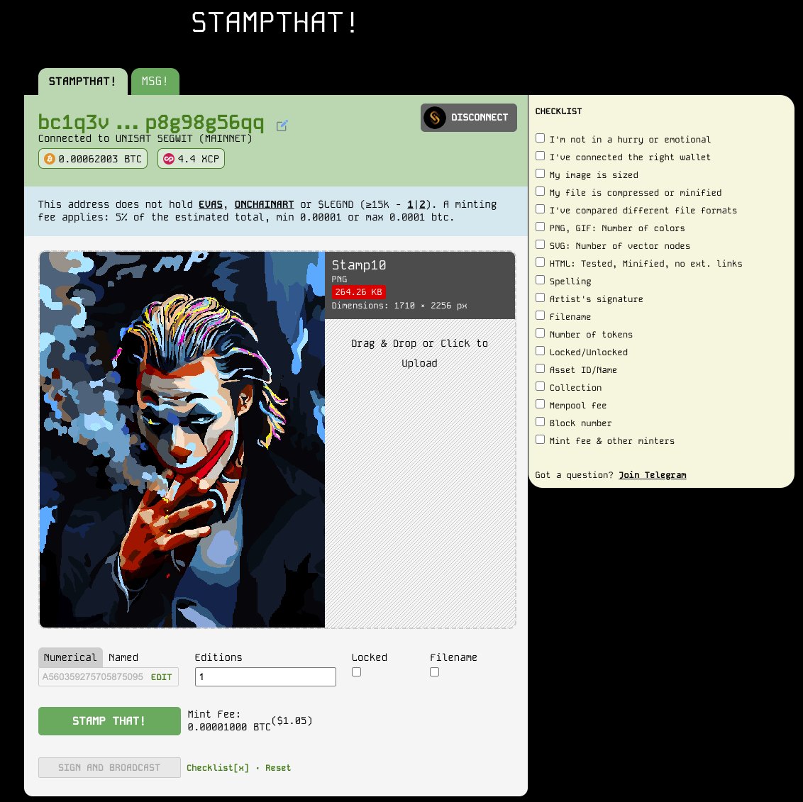 NSIDirectory's tweet image. STAMPTHAT has one of the best UI for stamping.  Clean, slick interface.  Also, really like the Checklist that it come with.  Amazing work @masteronchain .  

@BTCStampArt @Stampchain @bitcoinstampfun #Bitcoinstamps