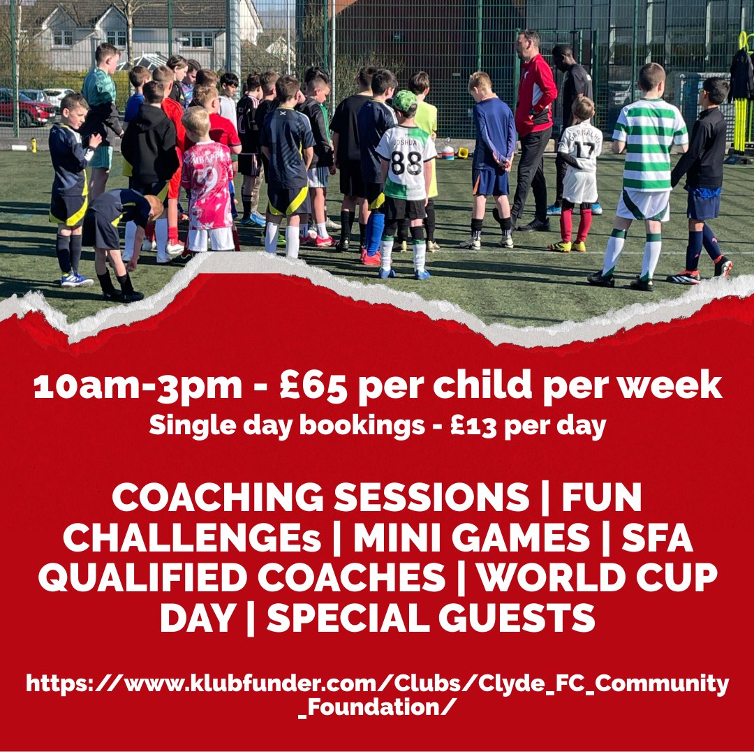 𝐒𝐔𝐌𝐌𝐄𝐑 𝐂𝐀𝐌𝐏 𝐁𝐎𝐎𝐊𝐈𝐍𝐆 𝐎𝐏𝐄𝐍 𝐍𝐎𝐖!

Bookings are now open for our summer camp at Cumbernauld Academy - book early to avoid disappointment!

klubfunder.com/Clubs/Clyde_FC…

❤️🤍🖤