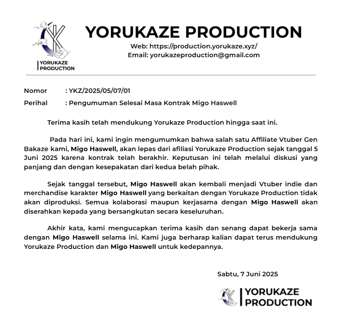YkzProduction's tweet photo. Pengumuman Selesainya Masa Kontrak @MigoHaswell https://t.co/qEKxjbgGbw