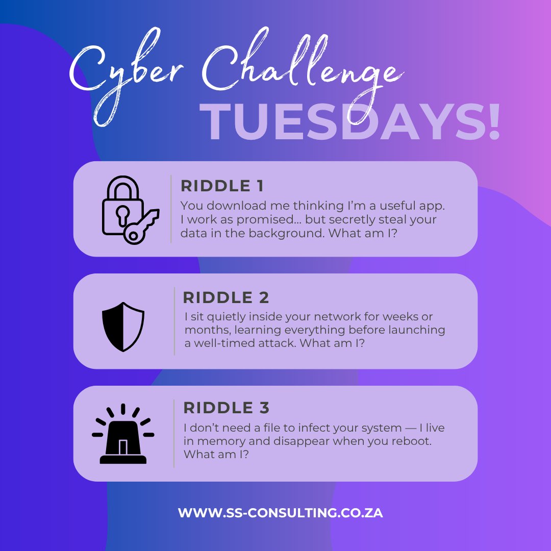 SS_consulting_'s tweet image. This week, we’re shining a light on silent intruders — threats that blend in and wait for the perfect time to strike. Think you can name them all? Drop your answers in the comments!
#SSConsulting #CyberChallengeTuesday #CyberAwareness #APT #FilelessMalware #Spyware #DigitalThreat