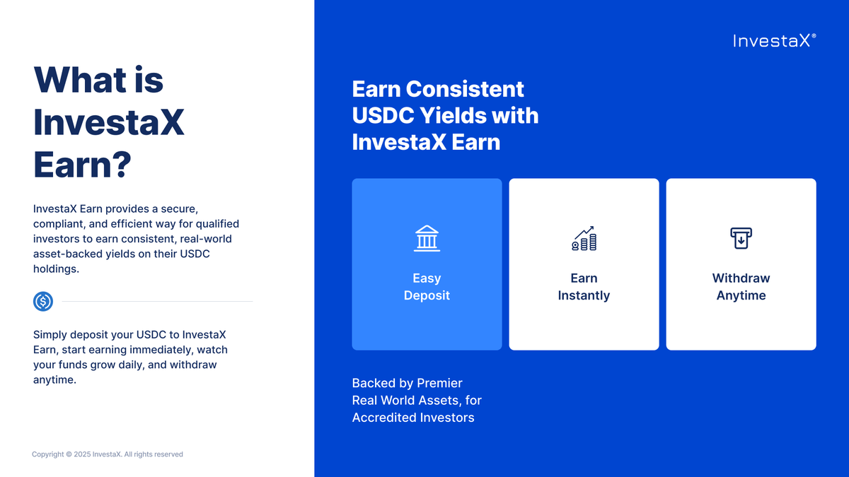 🪙 US$250 Billion Capital Sit in Stablecoins Today 

But most of them have generated 0% interest for investors!

InvestaX Earn changes the game by offering a compliant and efficient method to earn asset backed yields on USDC holdings.

➡️ Learn more: investax.io/blog/earn-cons…