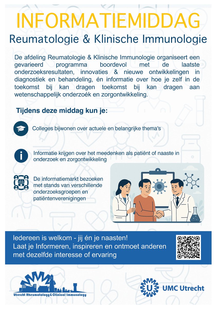 Infection & Immunity UMC Utrecht (@ieni_umcutrecht) on Twitter photo Heb jij interesse in recente ontwikkelingen binnen wetenschappelijk onderzoek en de zorg voor mensen met reumatische aandoeningen?
Bezoek dan de informatiemiddag in het <a href="/UMCUtrecht/">UMC Utrecht</a>.
๐
zaterdag 5 juli 2025
๐13-17 uur (inloop 12.45 uur)
๐ฉUMC Utrecht
๐edu.nl/d9rbe Heb jij interesse in recente ontwikkelingen binnen wetenschappelijk onderzoek en de zorg voor mensen met reumatische aandoeningen?
Bezoek dan de informatiemiddag in het <a href="/UMCUtrecht/">UMC Utrecht</a>.
๐
zaterdag 5 juli 2025
๐13-17 uur (inloop 12.45 uur)
๐ฉUMC Utrecht
๐edu.nl/d9rbe