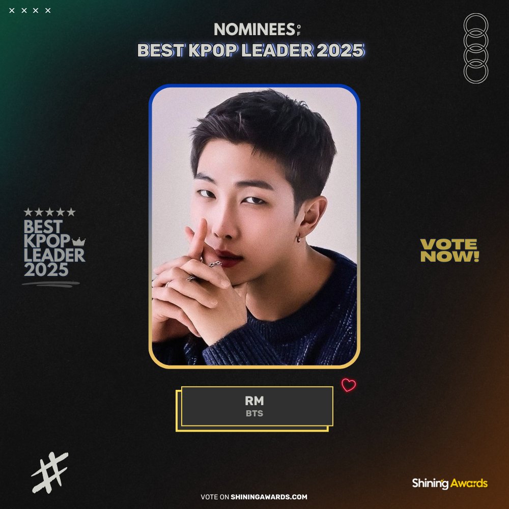 ⭐ BEST KPOP LEADER 2025 POLL NOMINEES

RM BTS

Link to vote:
shiningawards.com/best-kpop-lead…

Share &amp; tag your friends to get more votes ❤️

#ShiningAwards #kpopidol #leaderofkpop #bestkpopleader2025 #bestleader #kpopleader #kpopleader2025 #fanchoices #kpopvote