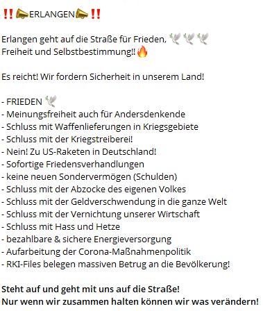 Auch am #Dienstag 03.06.2025 ist #Demo Tag!

‼️ #Erlangen 18:30 #Ohmplatz
mit Zwischenkundgebung #Hugenottenplatz

#Frieden #Freiheit #Selbstbestimmung
echte #Demokratie #Meinungsfreiheit