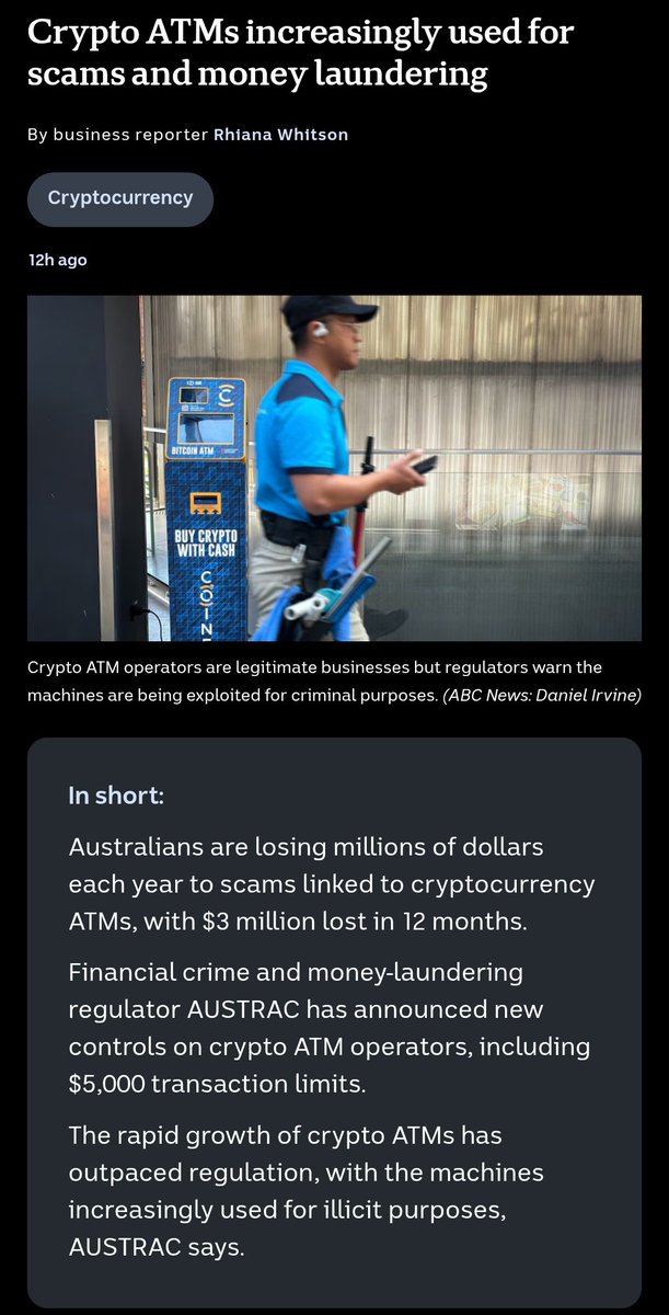 Australia anuncia que los cajeros #crypto son utilizados para estafar y lavar guita, y va por una regulación y límites estrictos.

abc.net.au/news/2025-06-0…