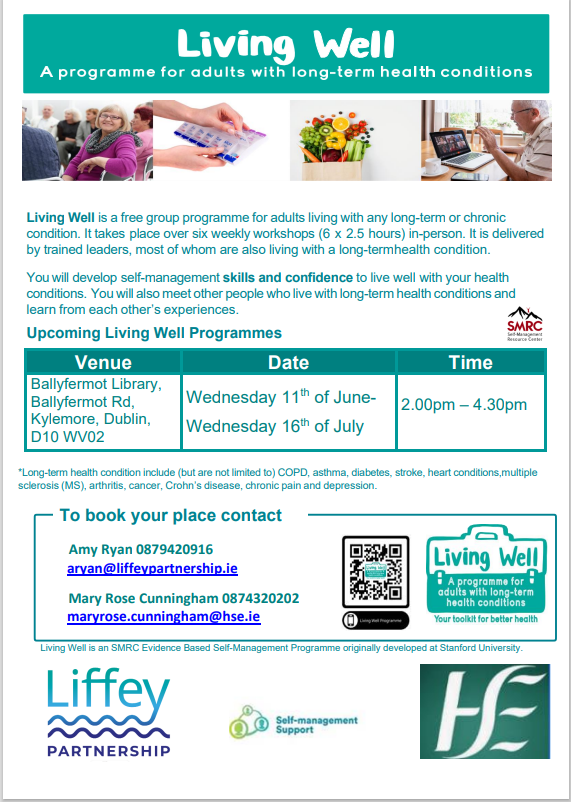 HSE Dublin and Midlands, Health & Wellbeing (@hw_hsedubmid) on Twitter photo Living with a long-term health condition?
Join the free Living Well programme in #Ballyfermot Library this June–July. Learn skills to manage your health and connect with others.
Starts: Wednesday 11 June
Contact: aryan@liffeypartnership.ie
#LivingWell #CherryOrchard Living with a long-term health condition?
Join the free Living Well programme in #Ballyfermot Library this June–July. Learn skills to manage your health and connect with others.
Starts: Wednesday 11 June
Contact: aryan@liffeypartnership.ie
#LivingWell #CherryOrchard