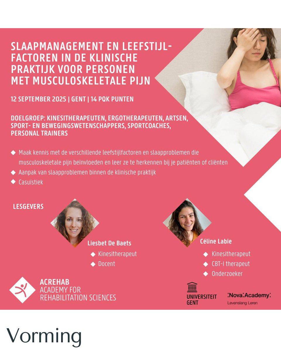 🛌🏼 🚶🏼🍽️ Tijdens deze navorming wordt je volledig ondergedompeld in de theorie en de praktische aanpak van slaapproblemen en andere belangrijke leefstijlfactoren die belangrijke onderhouden rol spelen bij musculoskeletale pijnklachten

ℹ️ acrehab.ugent.be/2025-slaap-lee…
