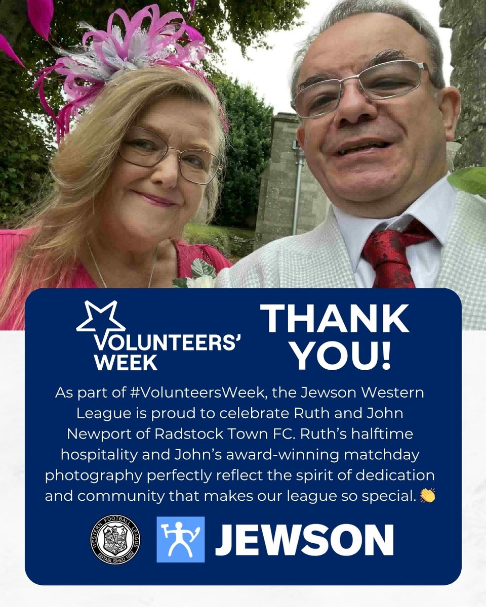 As part of #VolunteersWeek, the <a href="/Jewson/">Jewson</a> Western League is proud to celebrate Ruth and John Newport of <a href="/Radstock_TownFC/">Radstock Town FC</a>. Ruth’s halftime hospitality and John’s award-winning match day photography perfectly reflect the spirit of dedication and community that makes our league so