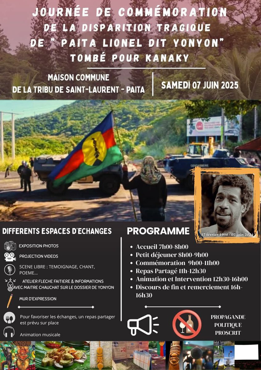 Une journée commémorative de la disparition de Lionel PAITA dit Yonyon est organisé le 07.06.25 à la tribu de Saint-Laurent.

Lieu: Tribu de St-Laurent, Commune de Païta, Province Sud, NC
Date: 07.06.25 7h à 16h30

facebook.com/share/p/1BN91m…

t.me/Kanaky_Freedom 🇳🇨