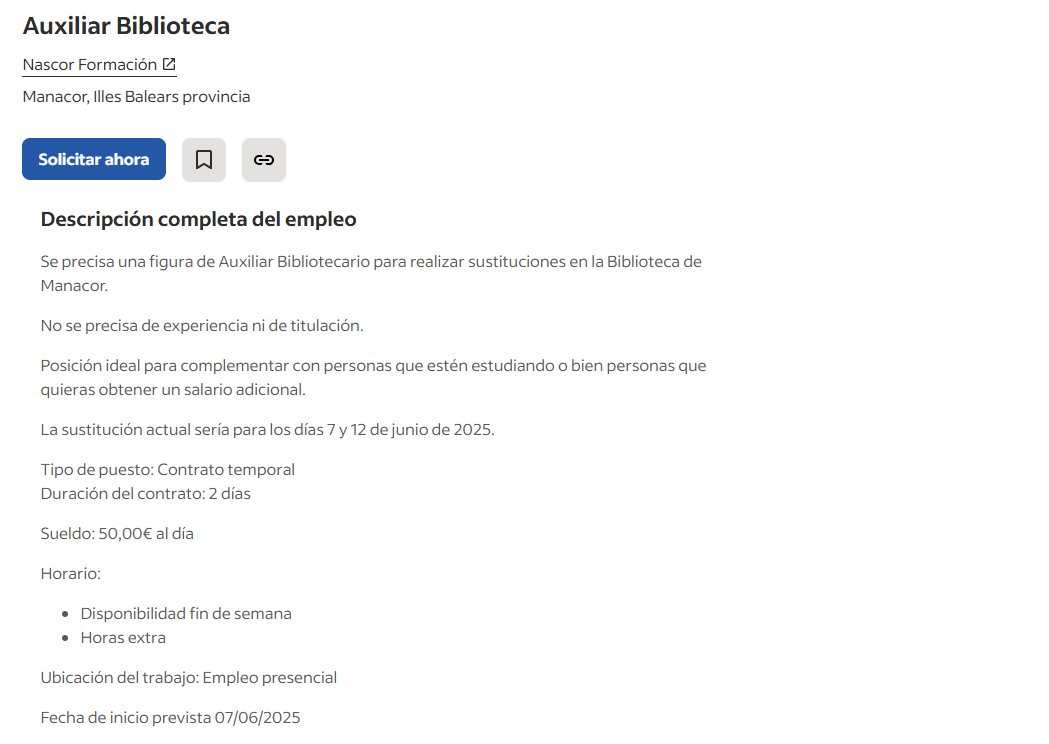La biblioteca de Manacor cerca un auxiliar de biblioteca per fer substitució temporal.
Apunta't a es.indeed.com/viewjob?jk=0fb…
#TreballBiblio a la Xarxa de Biblioteques de Mallorca