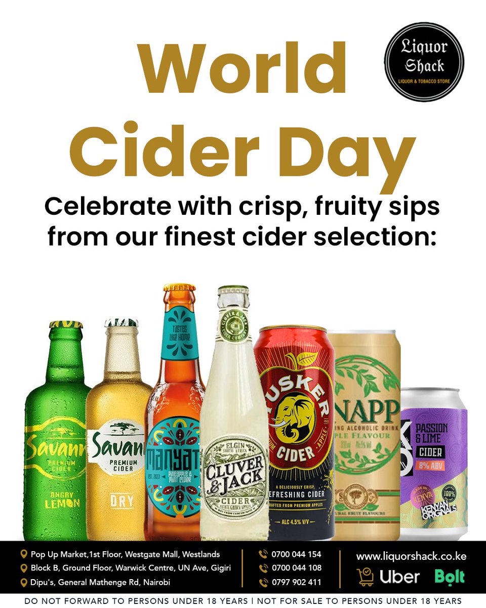 LiquorShack's tweet photo. 🍎✨ World Cider Day: Because sometimes, your liquor deserves to be a little sweeter — the apple way! 📍Grab yours from: 
📞 0700 044 154 – Westgate Mall 
📞 0700 044 108 – Warwick Centre 
📞 0797 902 411 – Dipu's, General Mathenge Rd
#WorldCiderDay https://t.co/tEFqjSVpqt