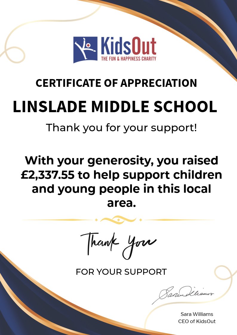Linslade School (@linsladeschool) on Twitter photo Look what arrived! A Certificate of Appreciation from KidsOut UK for our fantastic Fun Run. This is all thanks to YOU, our amazing Linslade community, and your generous donations. Every penny helps! π #LinsladeSchool #KidsOut #CommunitySpirit #MakingADifference <a href="/ChilternLT/">Chiltern Learning Trust</a> Look what arrived! A Certificate of Appreciation from KidsOut UK for our fantastic Fun Run. This is all thanks to YOU, our amazing Linslade community, and your generous donations. Every penny helps! π #LinsladeSchool #KidsOut #CommunitySpirit #MakingADifference <a href="/ChilternLT/">Chiltern Learning Trust</a>