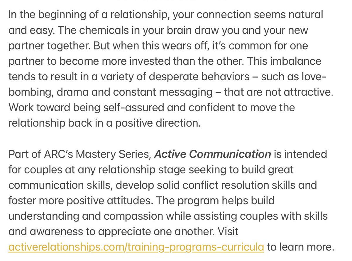“Desperation is NOT Attractive” tinyurl.com/ARCarticle263

Part of our Mastery Series, Active Communication is for couples at any stage seeking to build great communication skills, develop solid conflict resolution skills and foster more positive attitudes. tinyurl.com/ActiveRelaProg…