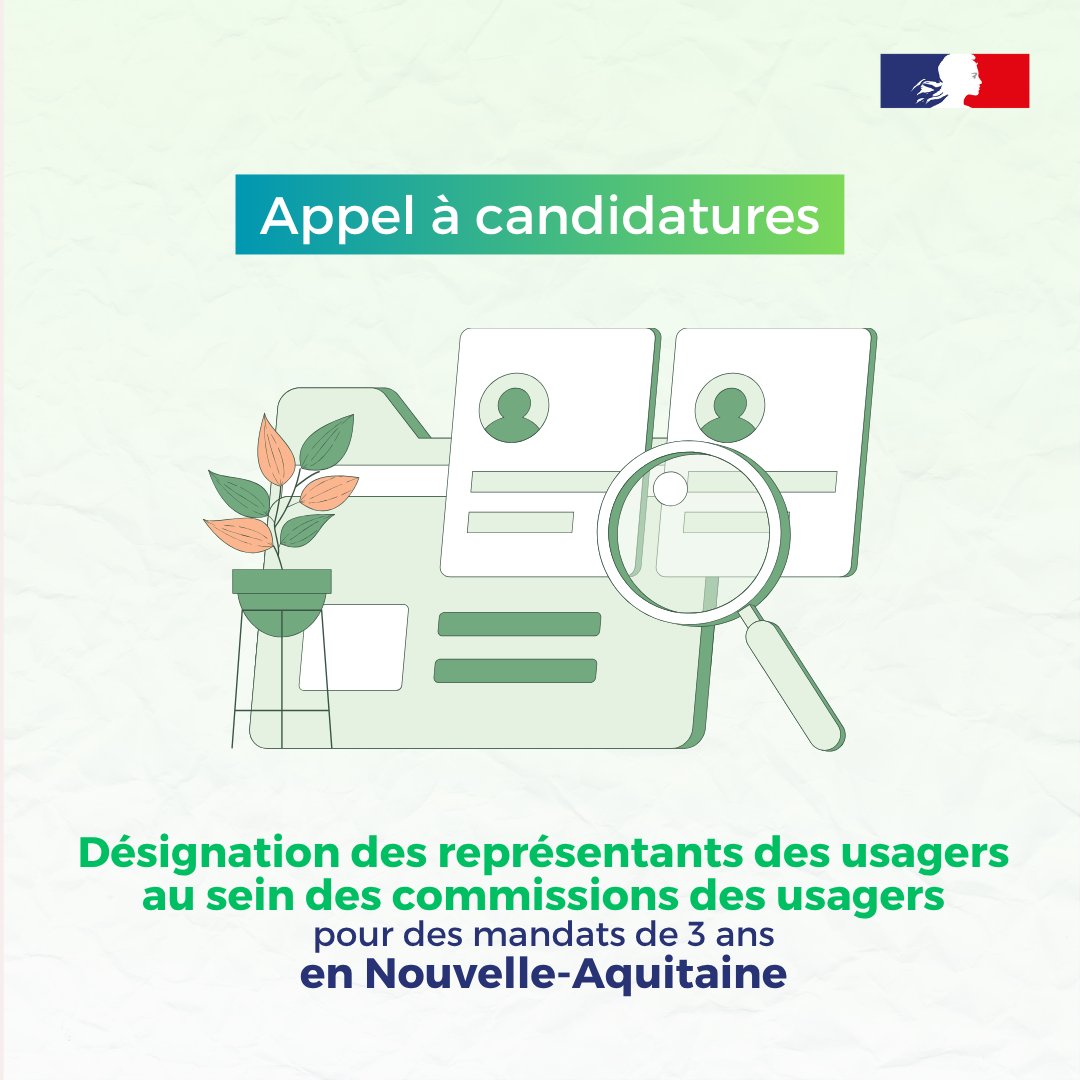 ARS Nouvelle-Aquitaine (@ars_naquit) on Twitter photo #Usagers | l’@ARS_Naquit lance un appel à candidature pour la désignation des représentants des usagers (RU) au sein des commissions des usagers (CDU) de la région et ce, pour des mandats de 3 ans ⤵
⚠ Candidatures jusqu'au 15.09 : nouvelle-aquitaine.ars.sante.fr/appel-candidat…
<a href="/Fr_Assos_Sante/">France Assos Santé</a> #Usagers | l’@ARS_Naquit lance un appel à candidature pour la désignation des représentants des usagers (RU) au sein des commissions des usagers (CDU) de la région et ce, pour des mandats de 3 ans ⤵
⚠ Candidatures jusqu'au 15.09 : nouvelle-aquitaine.ars.sante.fr/appel-candidat…
<a href="/Fr_Assos_Sante/">France Assos Santé</a>