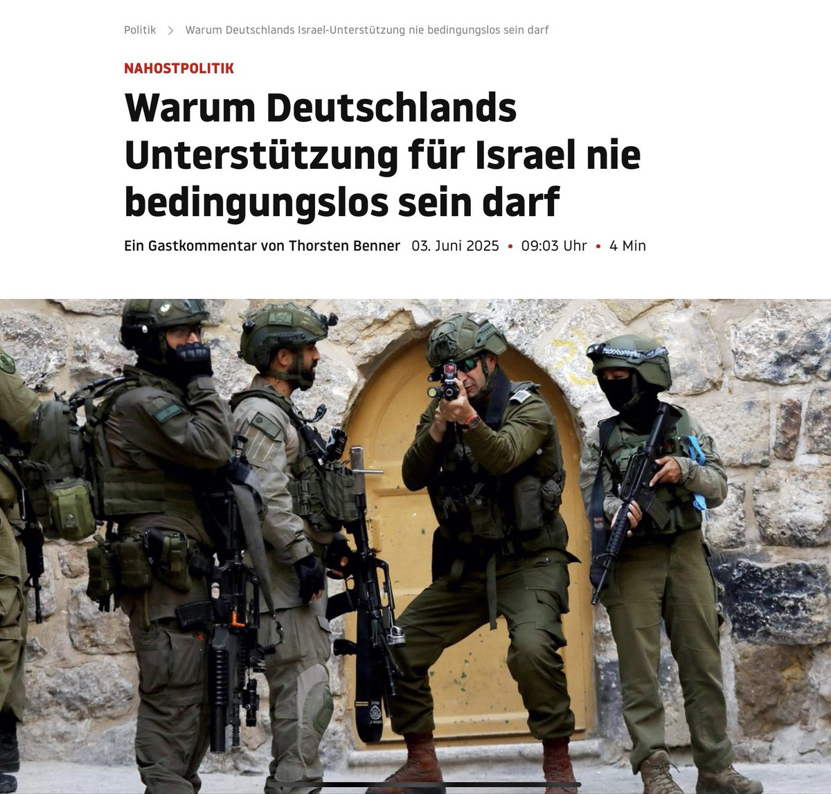 Merz und Wadephul haben recht: eine bedingungslose Unterstützung der Netayanhu-Regierung ist der falsche Weg. 
Zeit für einen Abschied von der voraufklärerischen Staatsräson-Formel hin zu einer differenzierten Israel-Politik. 

Mein Stück für <a href="/sternde/">stern</a>