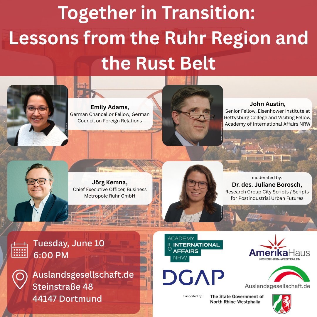 🌍 Together in Transition: Lessons from the Ruhr Region and the Rust Belt 🇩🇪🇺🇸

How do former industrial heartlands reinvent themselves in the face of deindustrialization?

Join us for a transatlantic dialogue exploring the transformation of the Ruhr region in Germany and the