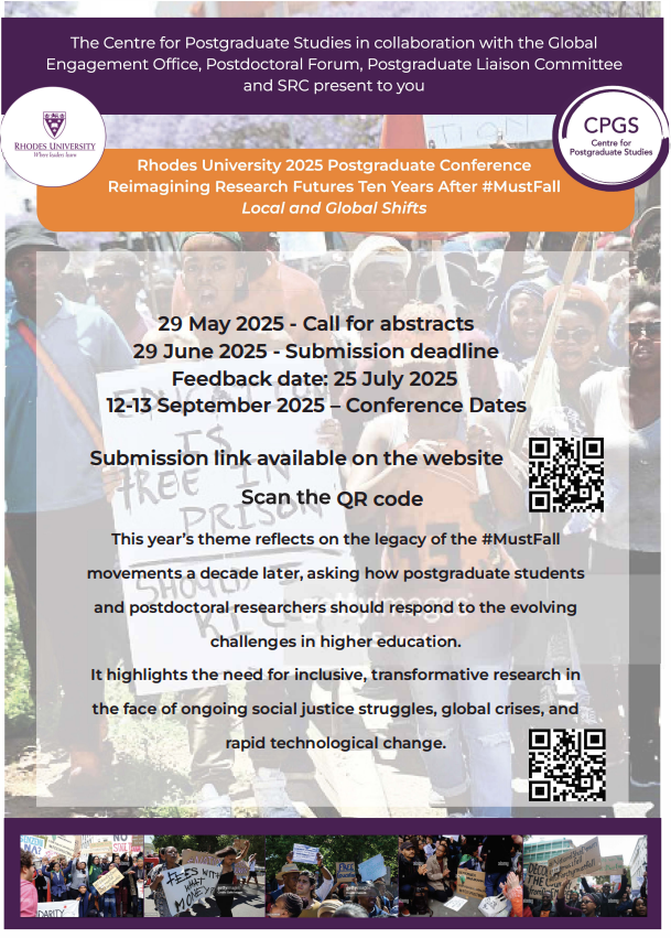 📢 The 2025 PG &amp; Postdoc Conference is coming!
🎓 Theme: Reimagining Research Futures Ten Years After #MustFall – Local &amp; Global Shifts
Join us as we reflect, connect &amp; co-create bold, transformative research futures.
Open to all PGs &amp; Postdocs.
#MustFall10Years #ResearchFutures
