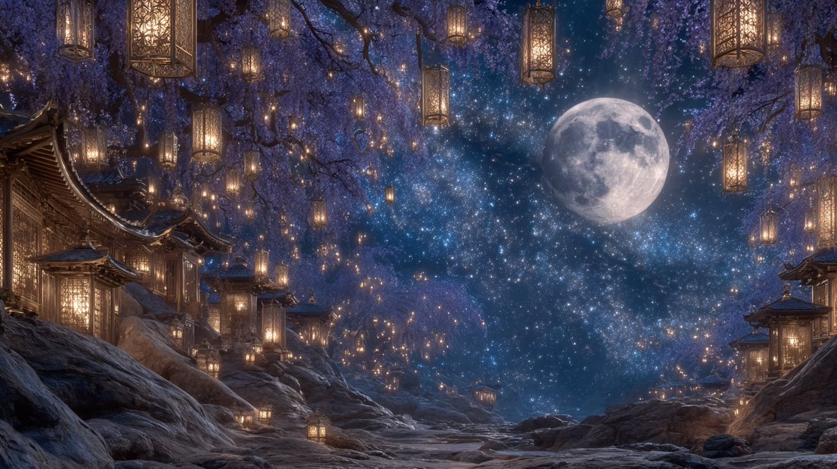 The moon stood still, and the lanterns whispered secrets only the stars could hear.

#Nightscape #FantasyRealm #MoonlitMagic #SpaceArt