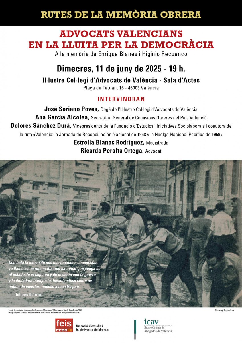 CCOO País Valencià (@ccoopv) on Twitter photo ⚖️Acte d'homenatge a l'advocacia valenciana en la lluita per la democràcia i la llibertat
📕Presentació de 'Rutes de la memòria obrera', projecte que divulga importants episodis de la història del moviment obrer valencià
📍Dia 11, 19 h, <a href="/ICAV_abogacia/">ICAV abogacia</a>
pv.ccoo.es/noticia:728111… ⚖️Acte d'homenatge a l'advocacia valenciana en la lluita per la democràcia i la llibertat
📕Presentació de 'Rutes de la memòria obrera', projecte que divulga importants episodis de la història del moviment obrer valencià
📍Dia 11, 19 h, <a href="/ICAV_abogacia/">ICAV abogacia</a>
pv.ccoo.es/noticia:728111…